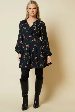 Petite Blue Ditsy Floral Tiered Hem Frill Wrap Mini Dress