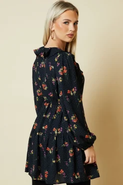 Petite Blue Ditsy Floral Tiered Hem Frill Wrap Mini Dress