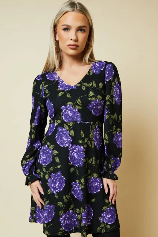Petite Blue Floral V Neck Mini Dress