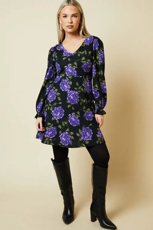 Petite Blue Floral V Neck Mini Dress