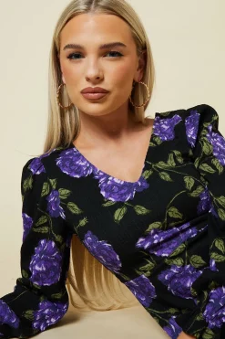 Petite Blue Floral V Neck Mini Dress