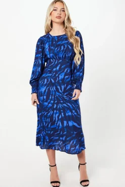 Petite Blue Zebra Shirred Hem Long Sleeve Blouse