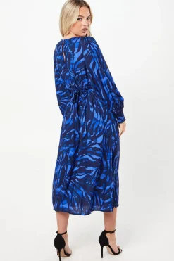 Petite Blue Zebra Shirred Hem Long Sleeve Blouse