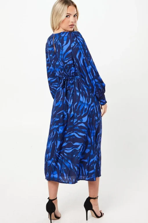 Petite Blue Zebra Shirred Hem Long Sleeve Blouse
