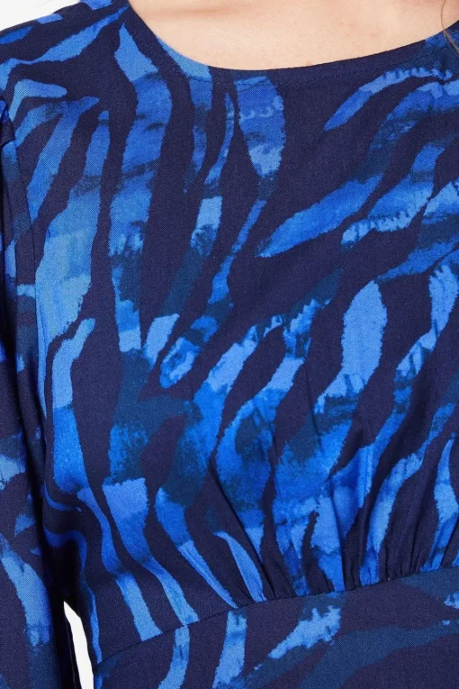 Petite Blue Zebra Shirred Hem Long Sleeve Blouse