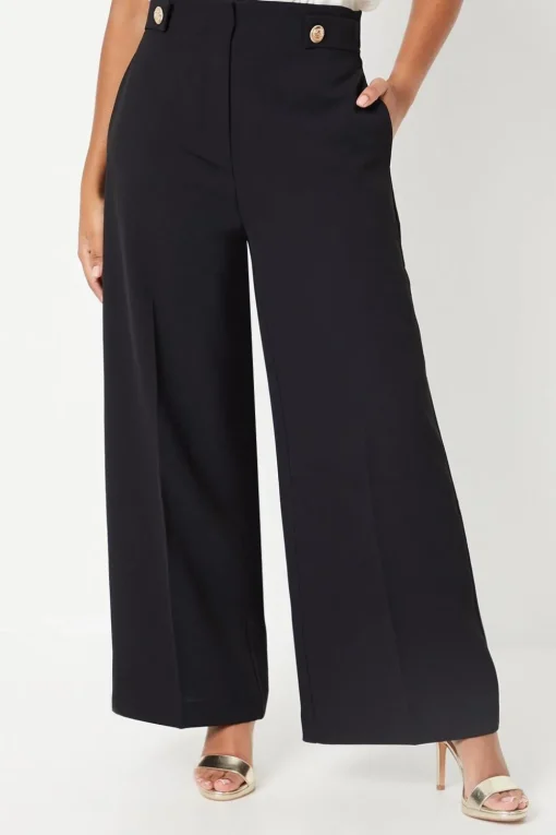 Petite Button Tab Detail Wide Leg Trouser