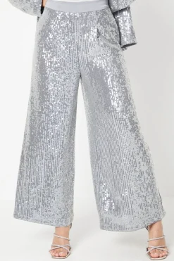 Petite Clear Sequin Wide Leg Trousers
