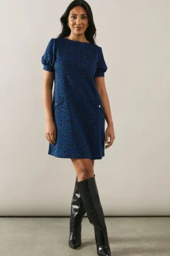 Petite Cobalt Short Sleeve Jacquard Ponte Shift Dress