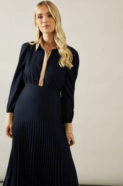 Petite Contrast Collar Pleated Shirt Midi Dress