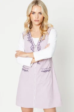 Petite Cord Scallop Edge Embroidered Pinafore Dress