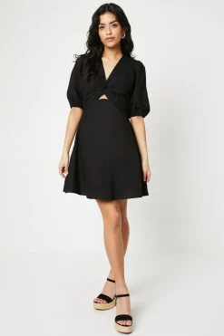 Petite Cotton Poplin Knot Front Puff Sleeve Mini Dress
