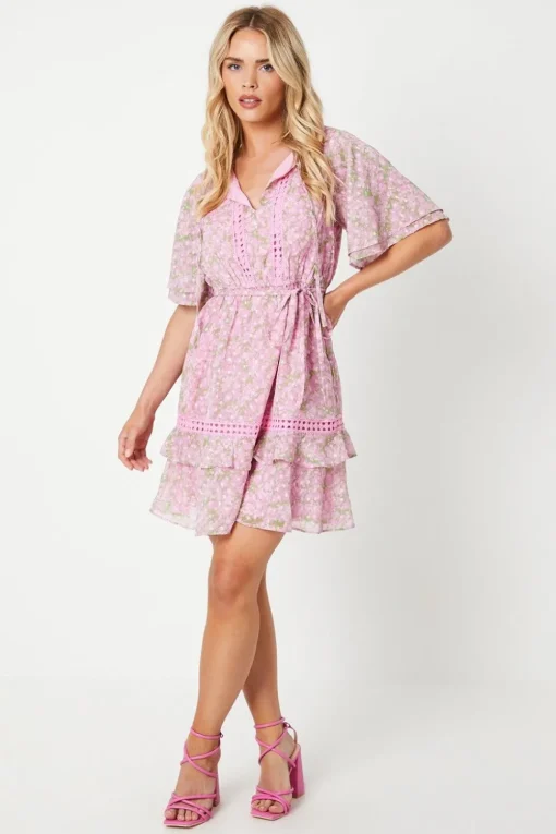 Petite Ditsy Dobby Chiffon Trim Insert Skater Dress