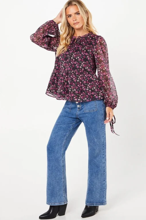 Petite Ditsy Tie Neck Chiffon Blouse