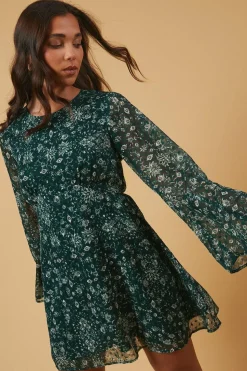 Petite Dobby Chiffon Flared Sleeve Tie Back Mini Dress