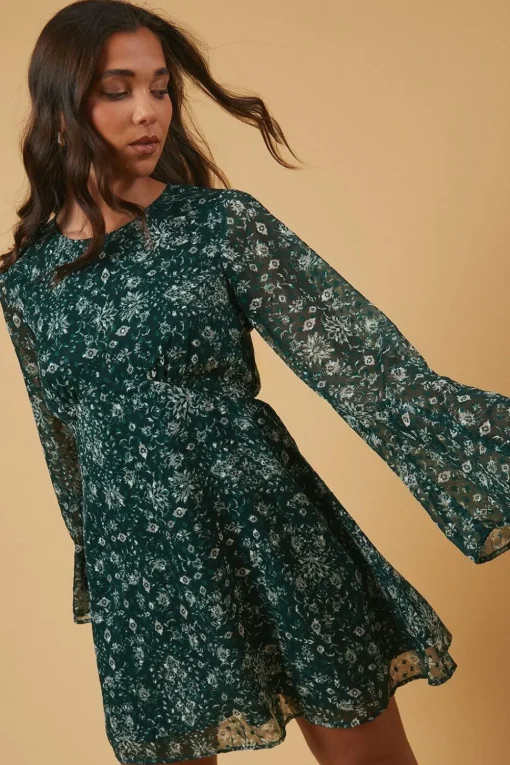 Petite Dobby Chiffon Flared Sleeve Tie Back Mini Dress