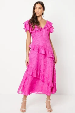 Petite Double Frill Satin Burnout Midaxi Dress