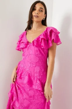 Petite Double Frill Satin Burnout Midaxi Dress