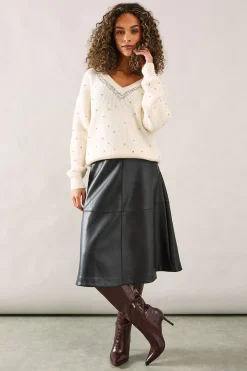 Petite Embellished Neck Trim V Neck Jumper
