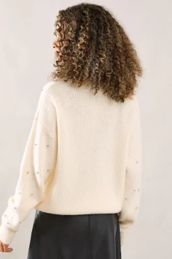 Petite Embellished Neck Trim V Neck Jumper