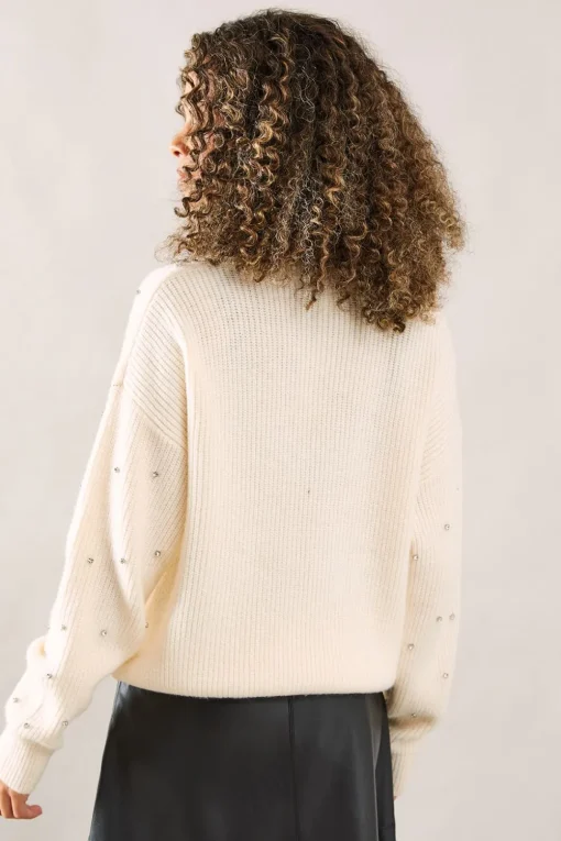 Petite Embellished Neck Trim V Neck Jumper