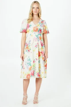 Petite Floral Dobby Lace Trim Ruffle Midi Dress