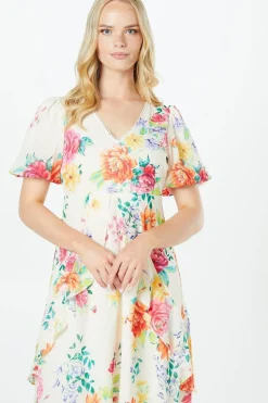 Petite Floral Dobby Lace Trim Ruffle Midi Dress