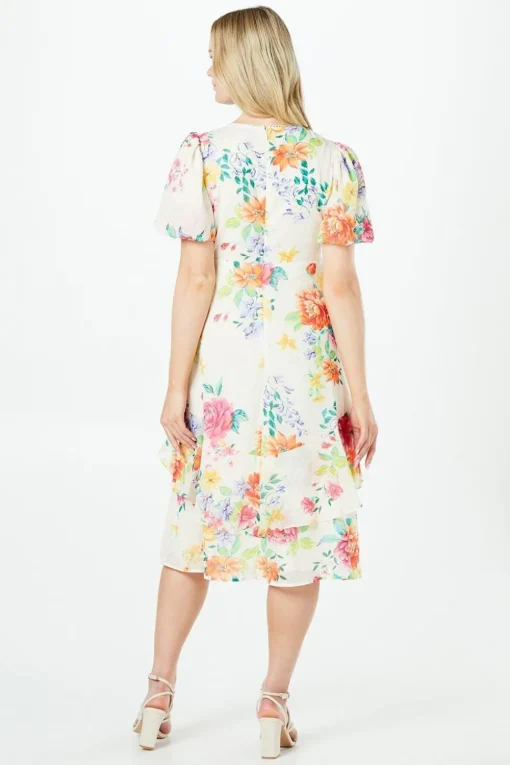 Petite Floral Dobby Lace Trim Ruffle Midi Dress