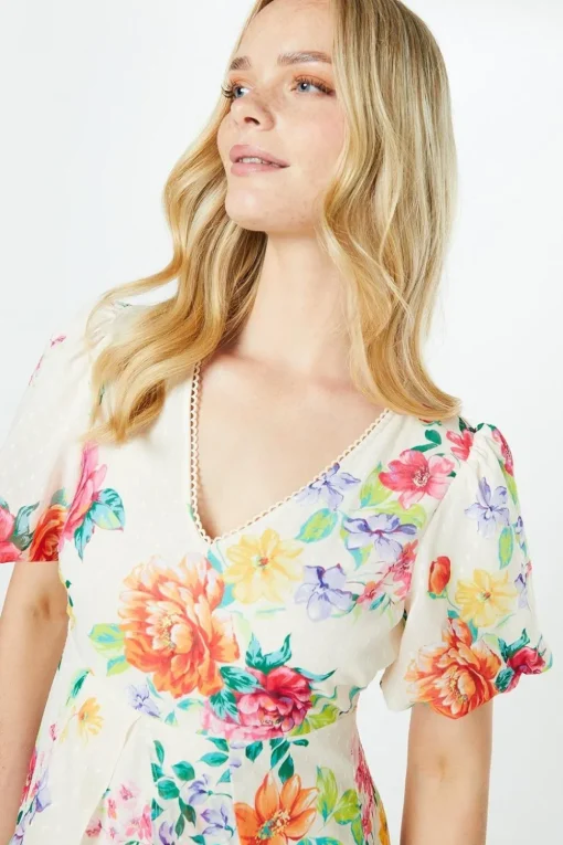 Petite Floral Dobby Lace Trim Ruffle Midi Dress