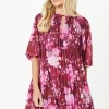 Petite Floral Pleated 3/4 Sleeve Shift Dress
