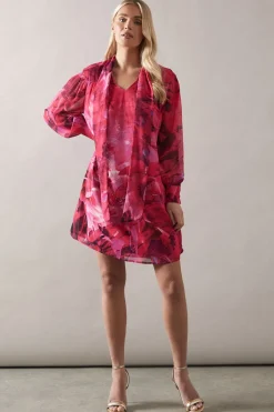 Petite Floral Print Tie Neck Shift Mini Dress