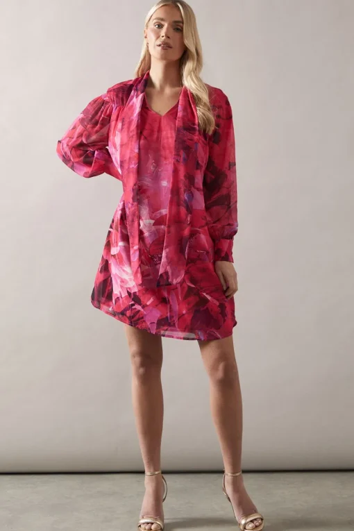 Petite Floral Print Tie Neck Shift Mini Dress