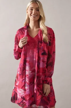 Petite Floral Print Tie Neck Shift Mini Dress