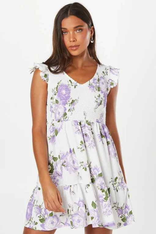 Petite Floral Shirred Bodice Mini Dress