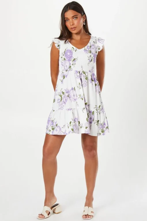 Petite Floral Shirred Bodice Mini Dress