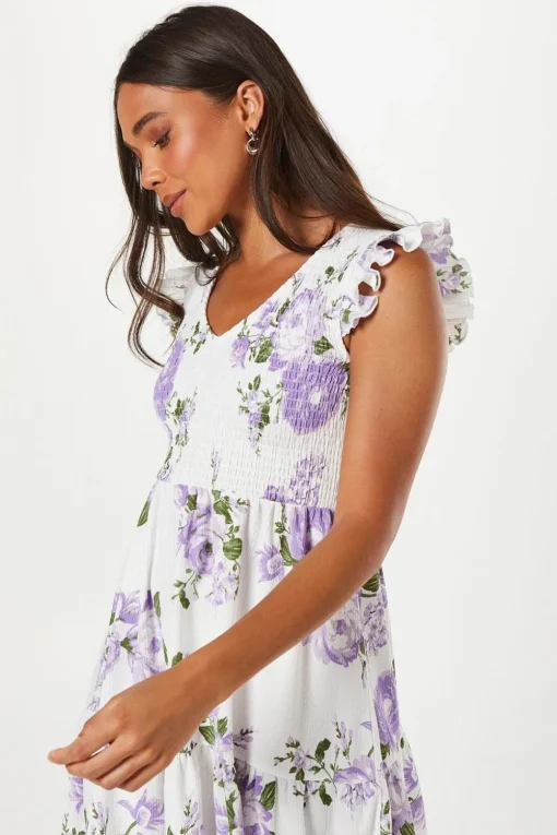 Petite Floral Shirred Bodice Mini Dress