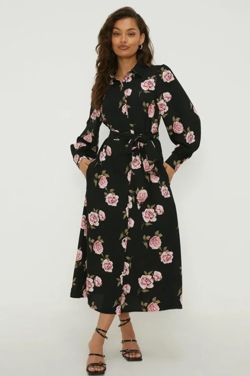 Petite Floral Tie Waist Midi Shirt Dress