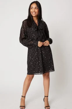 Petite Foil Star Tie Neck Shift Dress