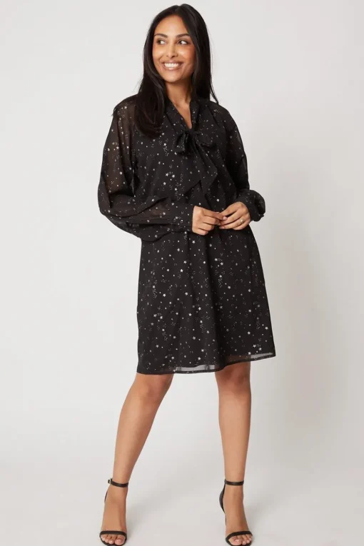 Petite Foil Star Tie Neck Shift Dress