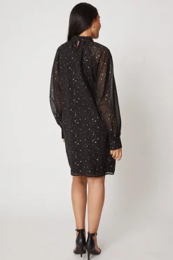Petite Foil Star Tie Neck Shift Dress