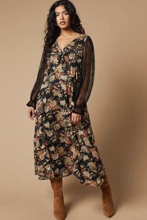 Petite Folk Lace Sleeve Ruffle Front Midi Dress