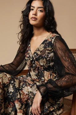 Petite Folk Lace Sleeve Ruffle Front Midi Dress