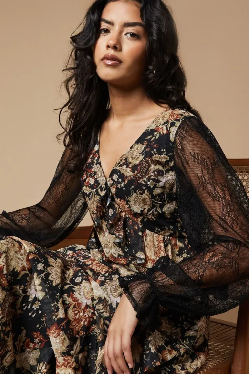 Petite Folk Lace Sleeve Ruffle Front Midi Dress