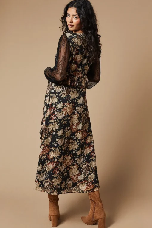 Petite Folk Lace Sleeve Ruffle Front Midi Dress