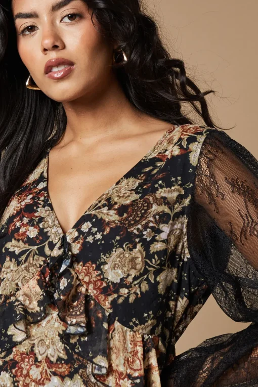 Petite Folk Lace Sleeve Ruffle Front Midi Dress