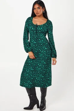 Petite Green Animal Tie Front Long Sleeve Midi Dress