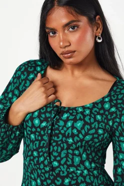 Petite Green Animal Tie Front Long Sleeve Midi Dress