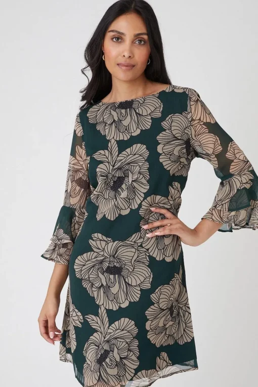 Petite Green Floral Flute Shift Dress