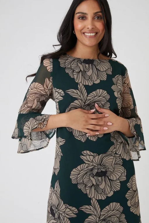 Petite Green Floral Flute Shift Dress