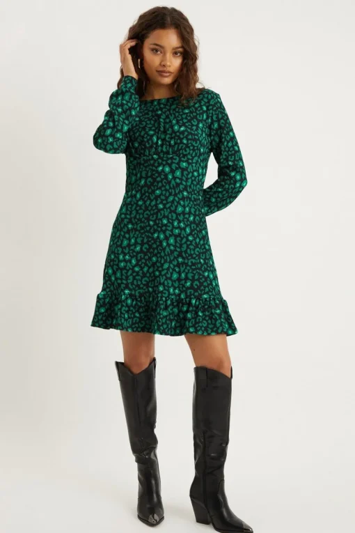 Petite Green Leopard Frill Hem Mini Dress