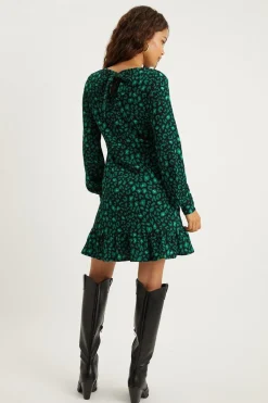 Petite Green Leopard Frill Hem Mini Dress